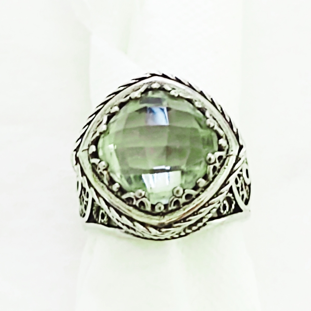 Vintage Signed Oversized Peridot Filigree Ring set in Sterling Silver- 7